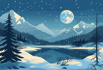 The full moon illuminates the snowy lake, encircled by majestic mountains under the starry sky, creating a magical natural landscape