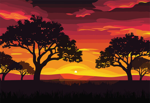 A natural landscape painting depicting a sunset with orange skies, clouds, and trees in the foreground, creating a serene afterglow atmosphere