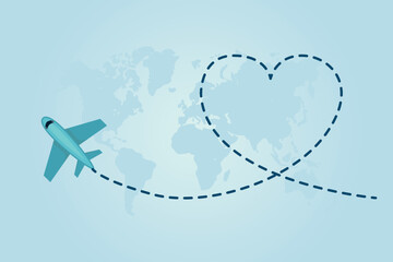 Love travel concept illustration in vector. The plane flies and leaves a blue dotted line of the trail.