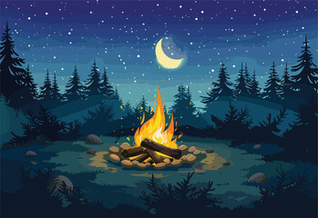 A campfire flickers in the forest under the crescent moon, casting shadows on the trees. The tranquil atmosphere is enhanced by the reflection of the moon on the water