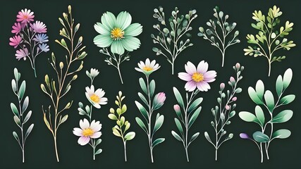 Garden Watercolor Floral Seamles Pattern, Hand painted Watercolor, Wildflowers, Twigs, Leaves, Buds. Design for fashion , fabric, textile, wallpaper, cover, web , wrapping and all prints