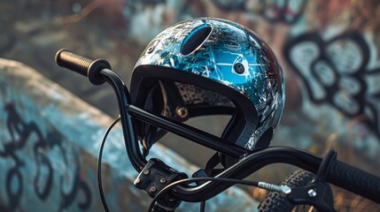 A scratched blue bicycle helmet with a black visor hanging from the handlebars of a motorcycle against a graffiti-covered wall - obrazy, fototapety, plakaty