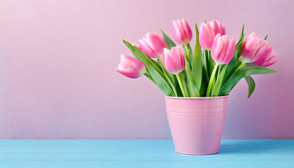 Pink Dutch Tulips in a pink flower pot on a blue table with a pink wall in a spring easter setting