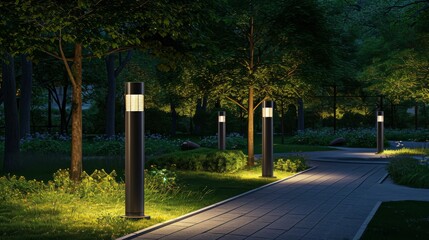 Obraz premium A serene and beautifully lit garden path at dusk, surrounded by lush greenery and modern outdoor lighting