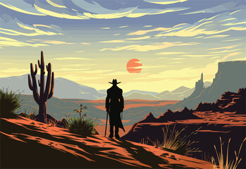A man in a cowboy hat stands in the desert, gazing at the morning sun against the vast sky. Surrounding him are mountainous landforms and sparse plant life, creating a natural landscape of beauty