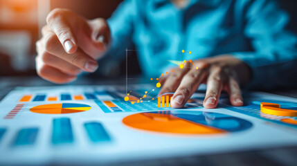 Hands with Data Analysis Touchscreen Interface