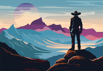 A man in a cowboy hat is standing on top of a mountain, his fedora adding to the picturesque scene of azure skies and fluffy clouds in the ecoregion, creating a stunning nature painting