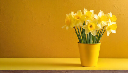 Yellow Dutch Daffodils in a yellow flower pot on a yellow table with a yellow wall in a spring easter setting - obrazy, fototapety, plakaty