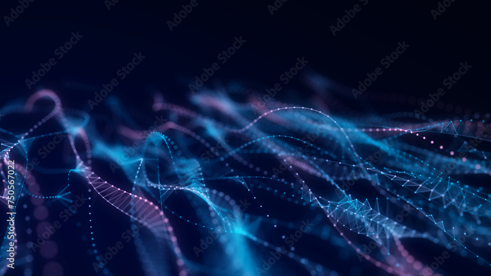 Poster abstract blue technology wave with dots and lines. flow of particles. big data transfer visualizatio