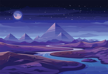 A night scene in the desert with pyramids, a river, and a moonlit sky. The painting captures the mystical beauty of the natural landscape with mountains and clouds