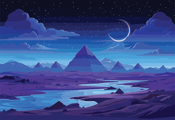 A serene natural landscape featuring pyramids, a winding river under a starlit sky with a crescent moon, creating a mystical atmosphere