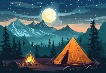 A cozy tent is illuminated by the flickering campfire in the mountains under the starry sky. The moonlight creates a picture frame of natural beauty
