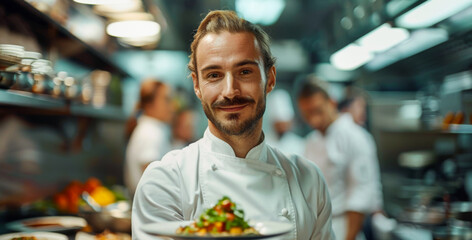 Smiling male chef in a professional kitchen confidently presents a dish - obrazy, fototapety, plakaty