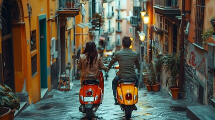 Explore Naples with a young couple on a vintage scooter. Concept Naples Sightseeing, Vintage Scooter, Young Couple, Outdoor Adventure, Travel Photography