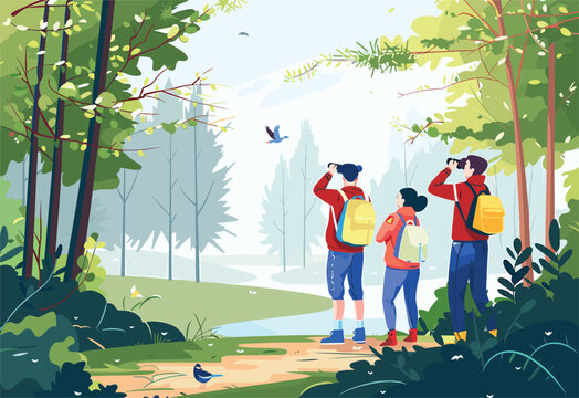 A group of people are leisurely observing birds in a natural landscape surrounded by trees, grass, and greenery. They are enjoying the serene event in the woods