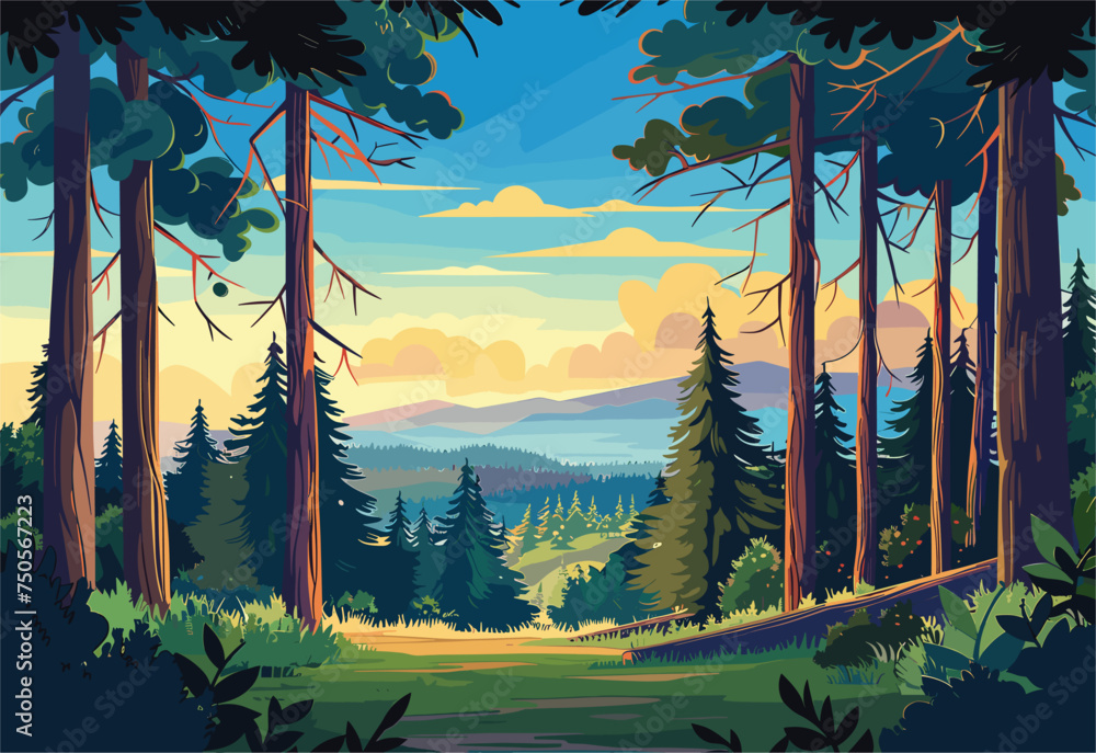 Wall mural a breathtaking painting of a natural landscape with trees, mountains, and a beautiful sky filled wit - Wall murals