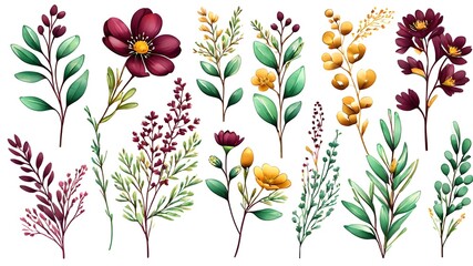 set of seamless maroon floral pattern, watercolour  - obrazy, fototapety, plakaty
