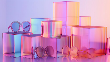 Gradient glasses and cubes 3d rendering. Computer d