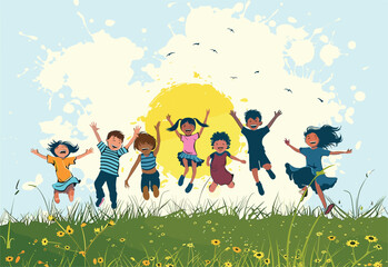 A group of children are happily jumping in the air on a grassland field surrounded by natural landscape in a rural area