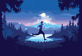 A man is sprinting through the forest under the night sky near a shimmering lake, surrounded by towering trees and mountainous landforms