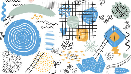 Hand drawn abstract background, geometric pattern, shapes, art, geometric background, geometric abstract, graphic design. Creative doodle art header with different shapes and textures. Collage, Vector