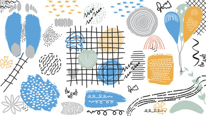 Modern concept illustration of various type of graphic resources. Trendy hand drawn doodle style shapes, elements, dots, texture, circle, grunge. Abstract Vector with floral and geometric elements.