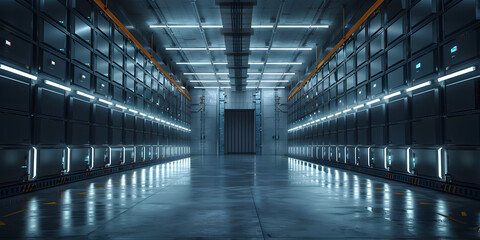 Server room data center, A long hallway with a row of servers in the center.
 - obrazy, fototapety, plakaty