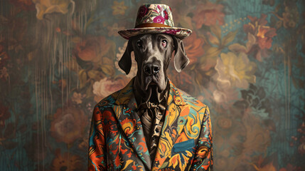 Great Dane wearing a vibrant clothes and hat stands - obrazy, fototapety, plakaty