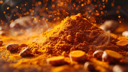 Turmeric spice powder. Spice, herb, seasoning. Trending food. 
