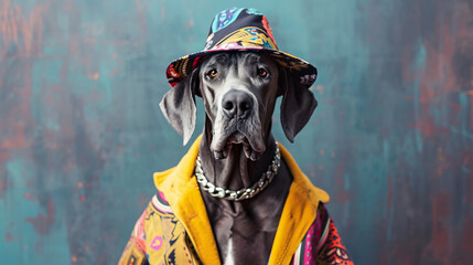 Great Dane wearing a vibrant clothes and hat stands - obrazy, fototapety, plakaty
