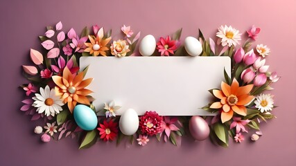 mock up frame with easter eggs and flowers, pink theme 