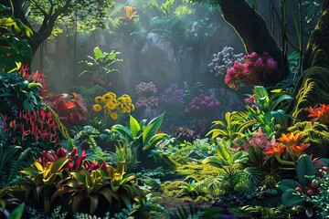 Future forest paradise where Cerberus lies among vibrant plants - obrazy, fototapety, plakaty