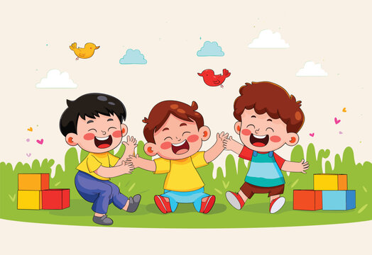 A group of happy children are leisurely playing with blocks in a park, sharing smiles and gestures. They are surrounded by plants and enjoying nature together