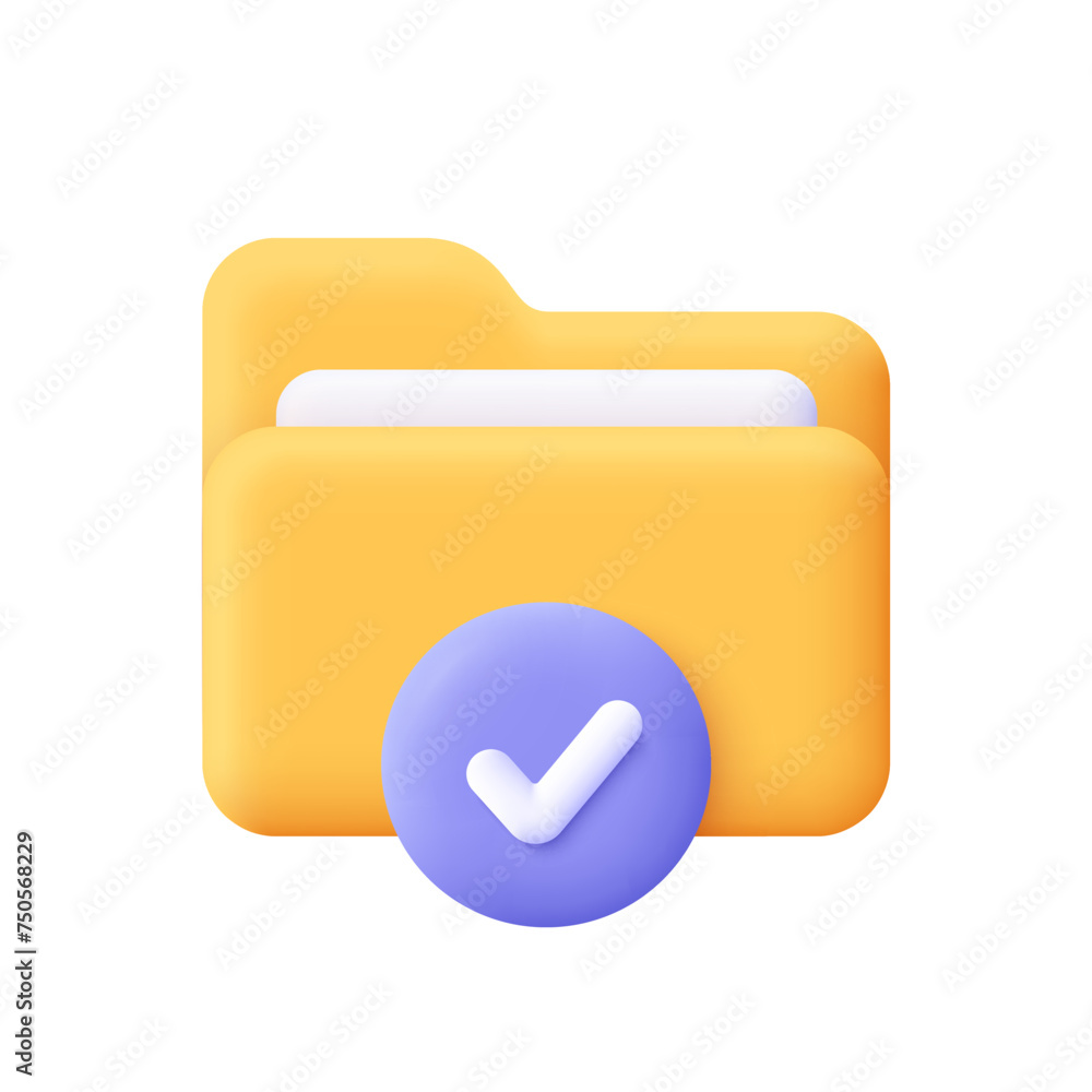 Poster Folder with document and check mark notification button. Data storage. security protection concept. 3d vector icon. Cartoon minimal style.