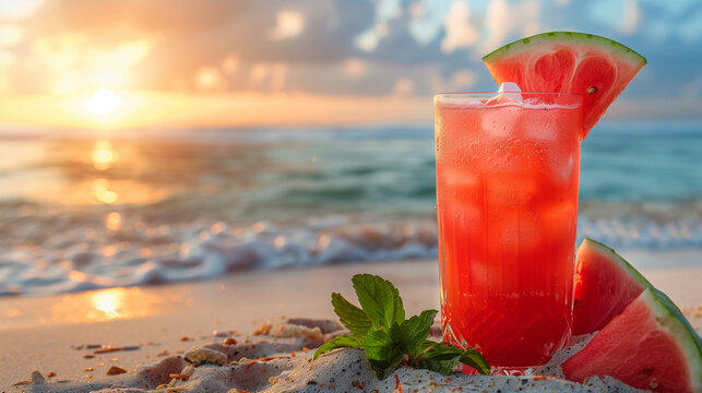 fresh watermelon cocktail on a tropical beach