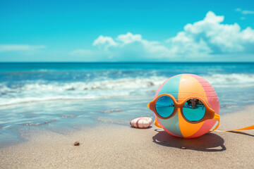 Fototapeta na wymiar Sunglasses sunbathing on the sandy beach, summer, vacation concept nature travel