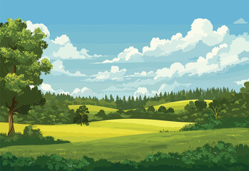 A beautiful natural landscape painting depicting a lush green field with trees, grassland, and fluffy clouds in the sky