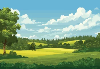 Keuken spatwand met foto A beautiful natural landscape painting depicting a lush green field with trees, grassland, and fluffy clouds in the sky © J.V.G. Ransika
