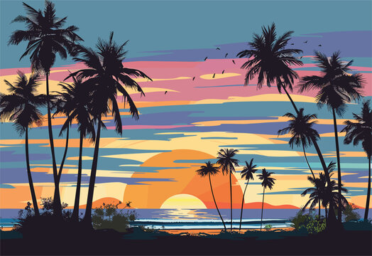 A picturesque painting capturing the afterglow of the sunset, with palm trees in the foreground and orange hues painting the sky, creating a serene and peaceful scene