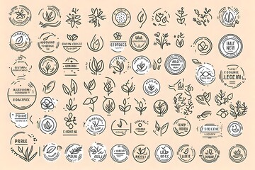 Organic cosmetic line icons set. Product free allergen labels. Natural products badges. - obrazy, fototapety, plakaty