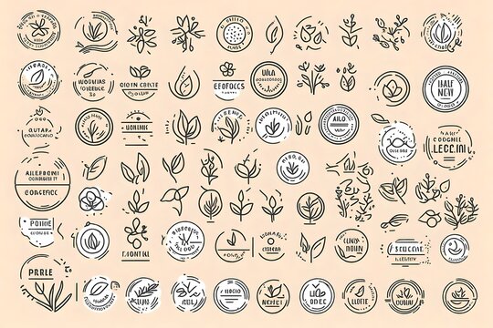 Organic cosmetic line icons set. Product free allergen labels. Natural products badges.