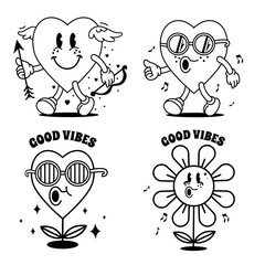 Vector set with linear stickers cartoon hearts and daisy in groovy style. Page for coloring books