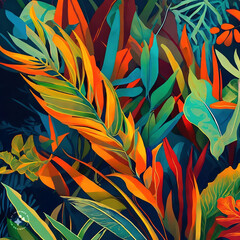 abstract painting of tropical foliage, palm leaves in blue and orange colors.