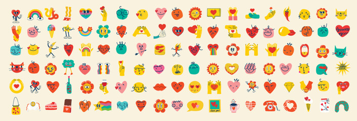 Groovy hippie love sticker characters. Comic happy faces, hearts and flower characters in trendy retro 60s 70s cartoon style. Vintage isolated vector illustration.