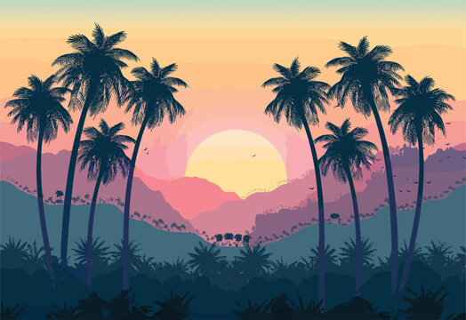 The atmosphere glows with the afterglow of the sunset, illuminating the sky above the mountains. Palm trees in the foreground add a tropical touch to the scene