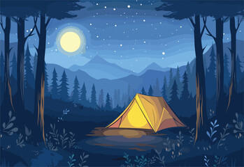 A triangular tent is perched in a forest under the moonlit sky, surrounded by towering trees and distant mountains. The atmosphere is serene and artistic