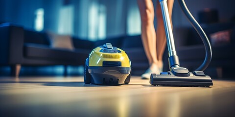 Woman using a vacuum cleaner to tidy up the carpet in her home. Concept Household Chores, Cleaning Routine, Home Maintenance, Domestic Tasks