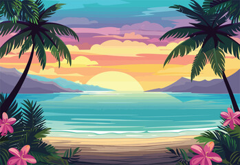 Fototapeta na wymiar A breathtaking sunset over a tropical beach with palm trees, vibrant flowers, and azure water reflecting the colorful sky and fluffy clouds