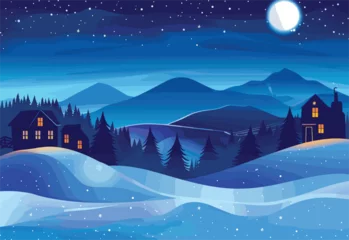 Selbstklebende Fototapete Dunkelblau A cartoon illustration of a snowy mountain slope at night, under a full moon glowing in the azure sky. The freezing atmosphere creates a magical natural landscape