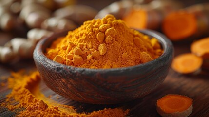 Turmeric spice powder. Spice, herb, seasoning. Trending food. 